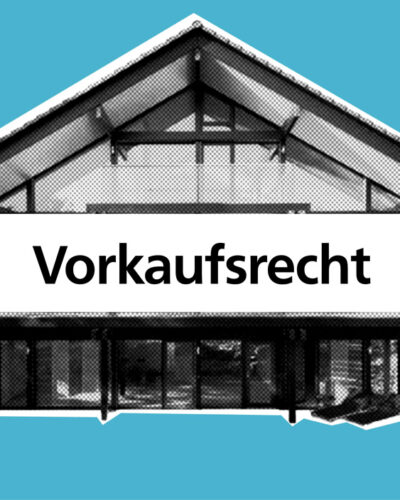 Haus mit einer Hand, die ein Schild hochhält mit der Aufschrift "Vorkaufsrecht".