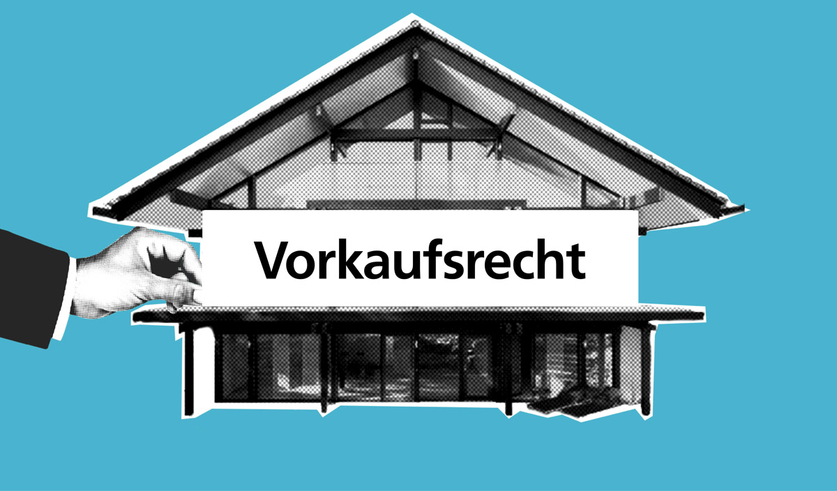 Haus mit einer Hand, die ein Schild hochhält mit der Aufschrift "Vorkaufsrecht".