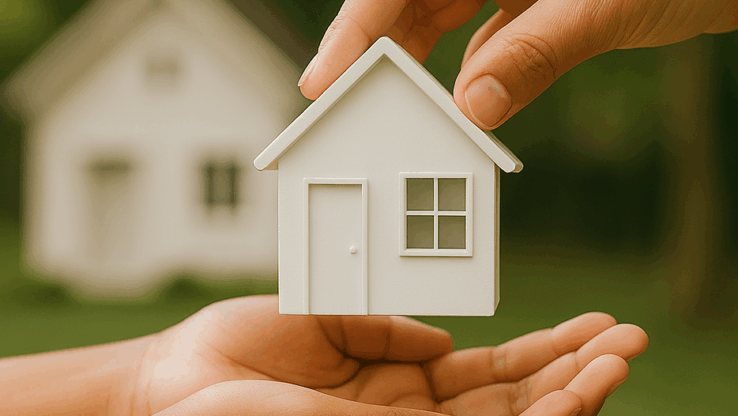 Eine erwachsenen Hand übergibt ein Modellhaus an Kinderhände. Im Hintergrund ist das reale Haus zu sehen