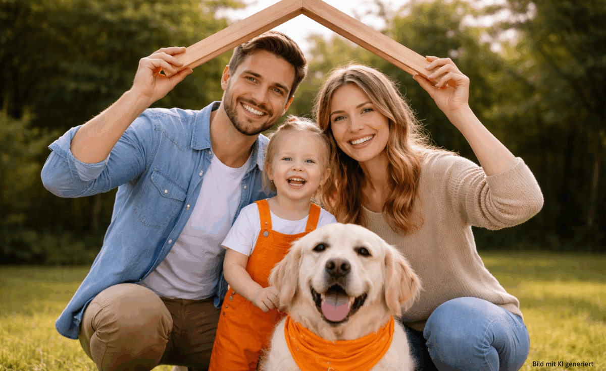 Junge Familie mit Kind und Hund unter einem symbolischen Holzdach – visuelle Darstellung für Immobilie absichern, Geborgenheit und Schutz.