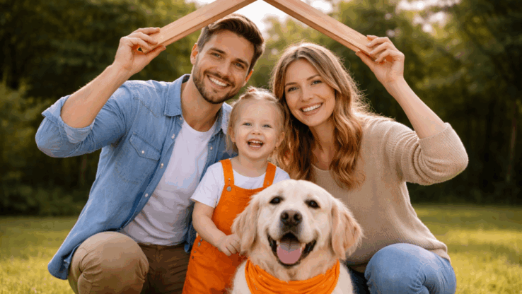 Junge Familie mit Kind und Hund unter einem symbolischen Holzdach – visuelle Darstellung für Immobilie absichern, Geborgenheit und Schutz.