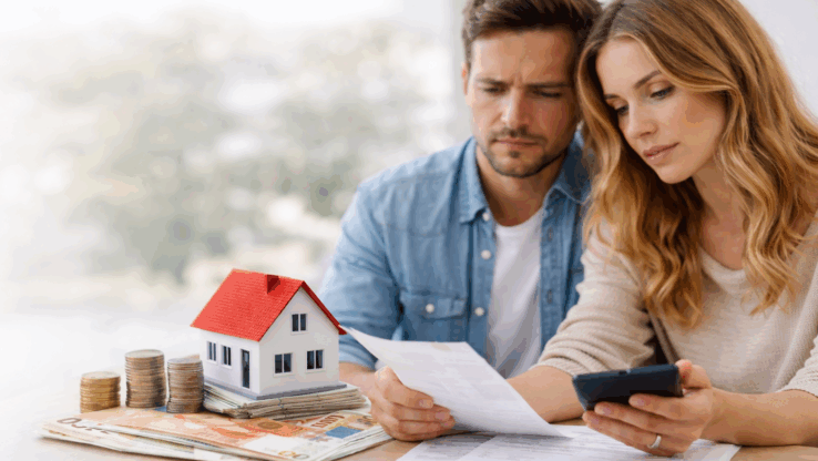 Paar prüft Unterlagen zur Immobilienfinanzierung, Modellhaus und Geldscheine symbolisieren Finanzierung trotz Inflation.